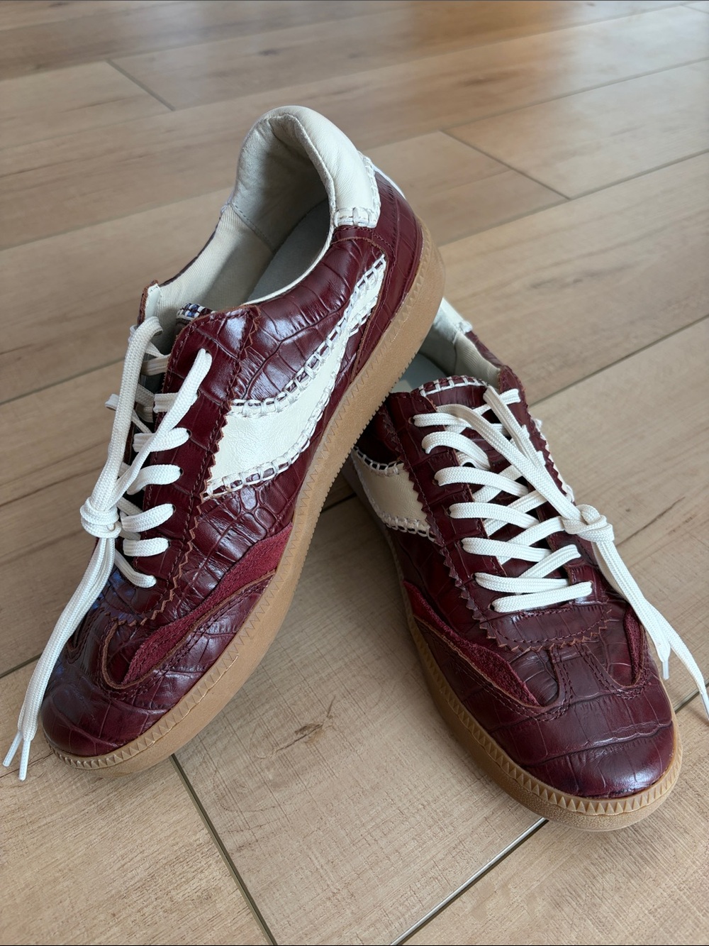 Dolce Vita Burgundy and Cream Croc-Embossed Low-Top Sneakers